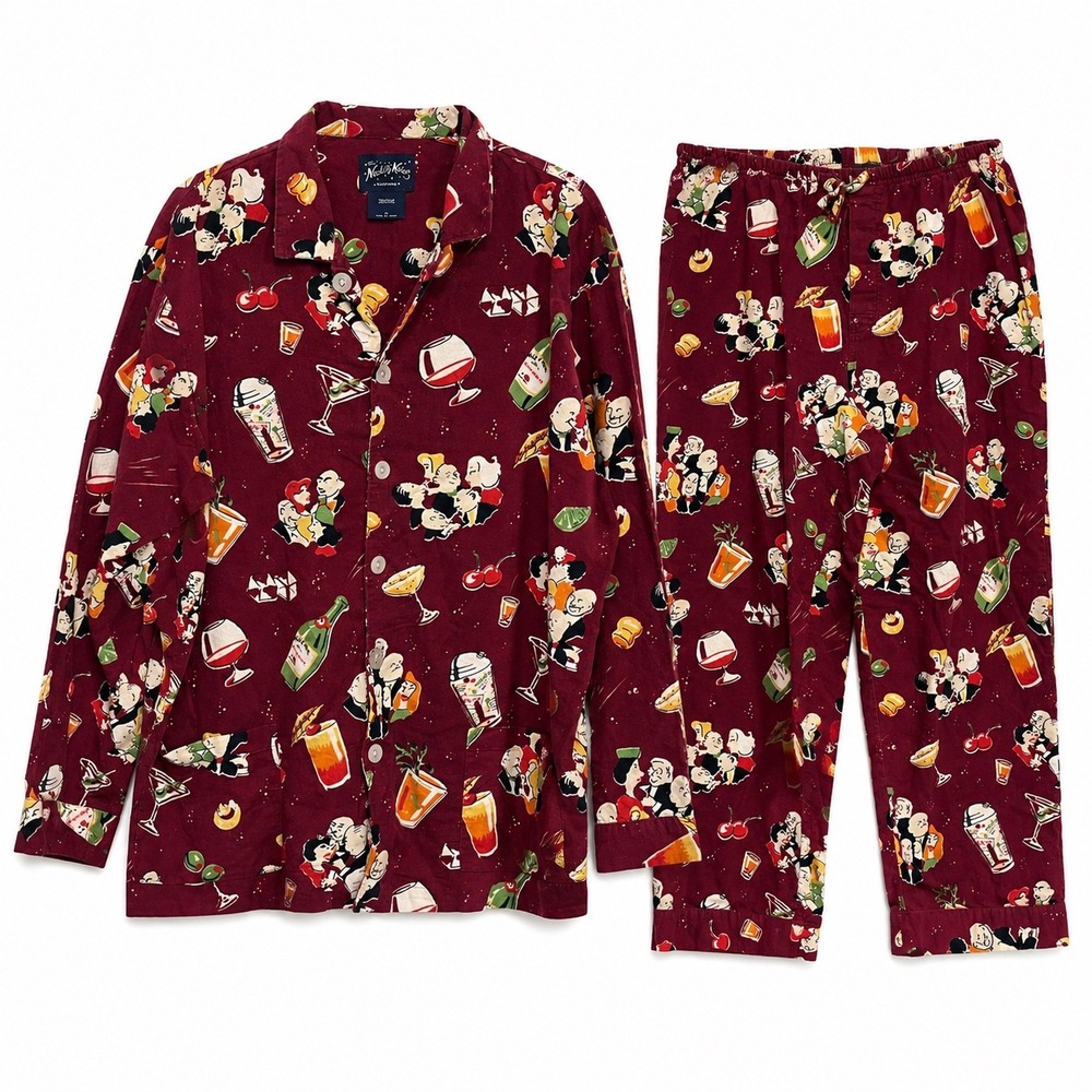 Nick & Nora Pajama Set Flannel Cocktail Party Drinks Wine Red Mens Large